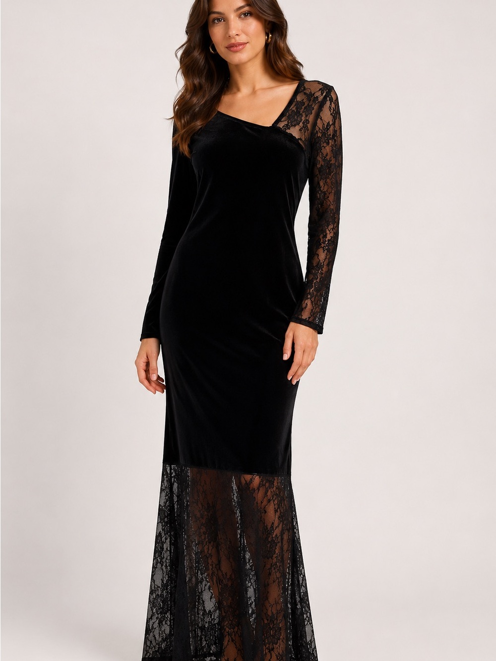 SHEIN Black Velvet Lace Long Sleeve Evening Gown Size Large